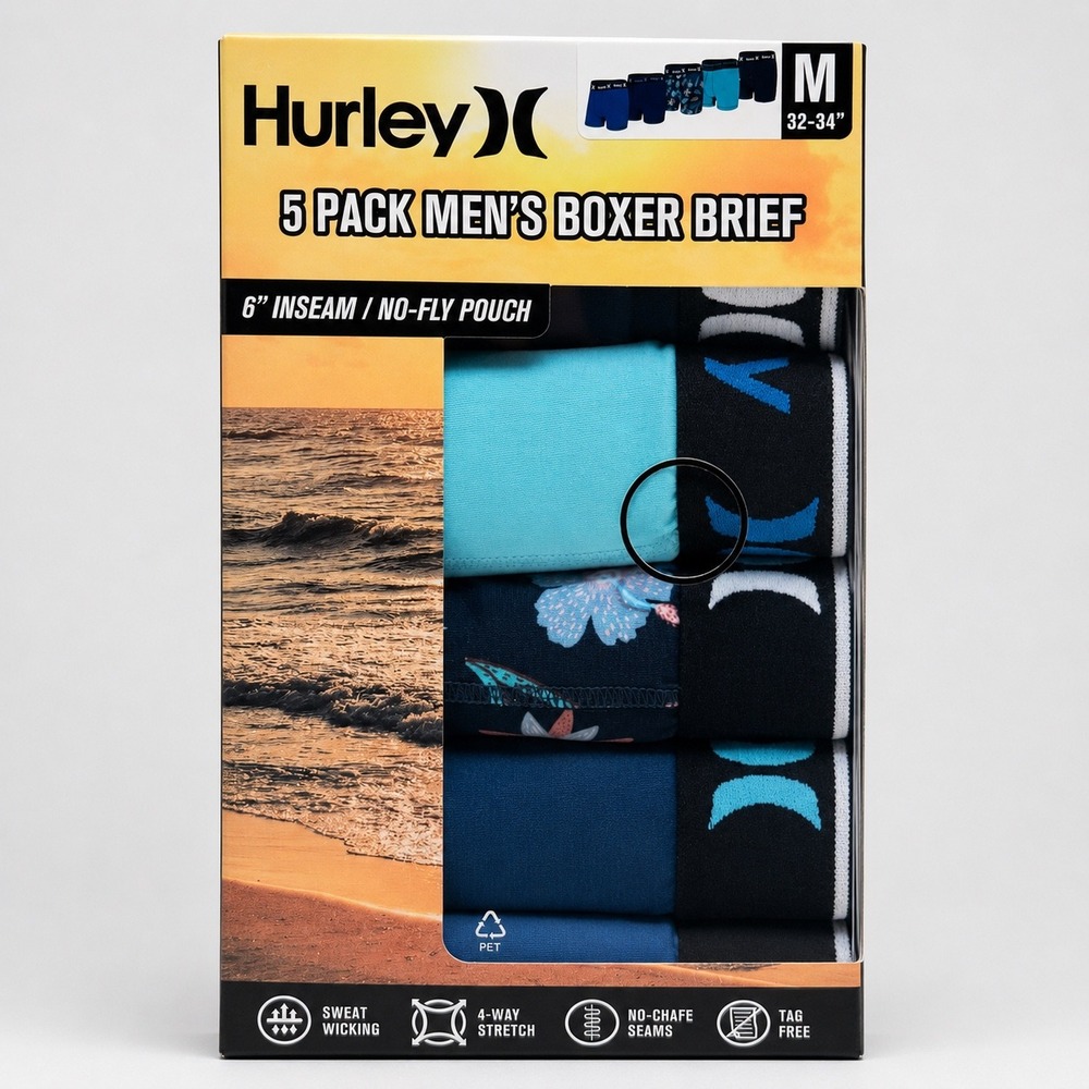 Hurley 5 Pack Boxer Briefs (M 32-34) No Fly Pouch Sweat Wicking Stretch Tagless